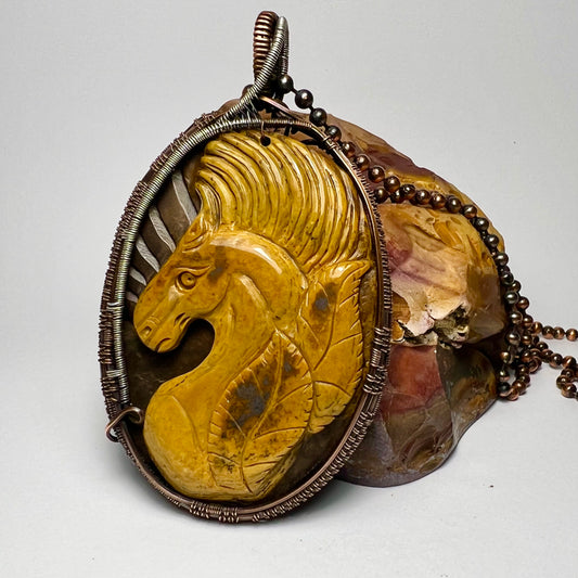 Carved Stone Horse Pendant Wrapped in Copper and Sterling Silver Wire