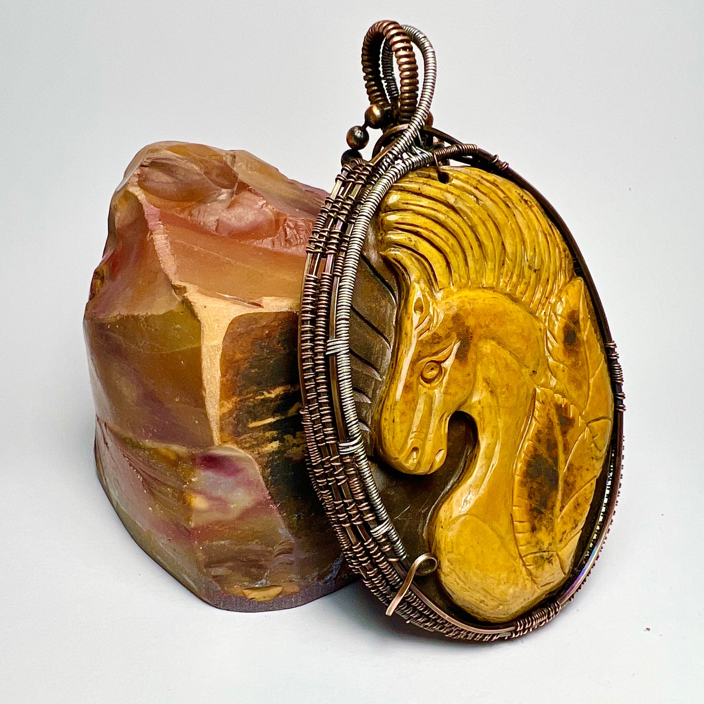 Carved Stone Horse Pendant Wrapped in Copper and Sterling Silver Wire