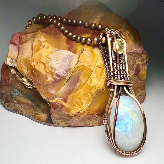 Rainbow Moonstone and Topaz wrapped with Copper Wire