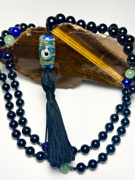 Mystic Eye Mala Glass Guru Bead with Black Onyx, Lapis Lazuli and Green Aventurine Beads